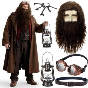 HAGRID 5pcs Wizard School Adult Costume Cosplay Wig,Beard,Goggles,Lamp,Belt NEW